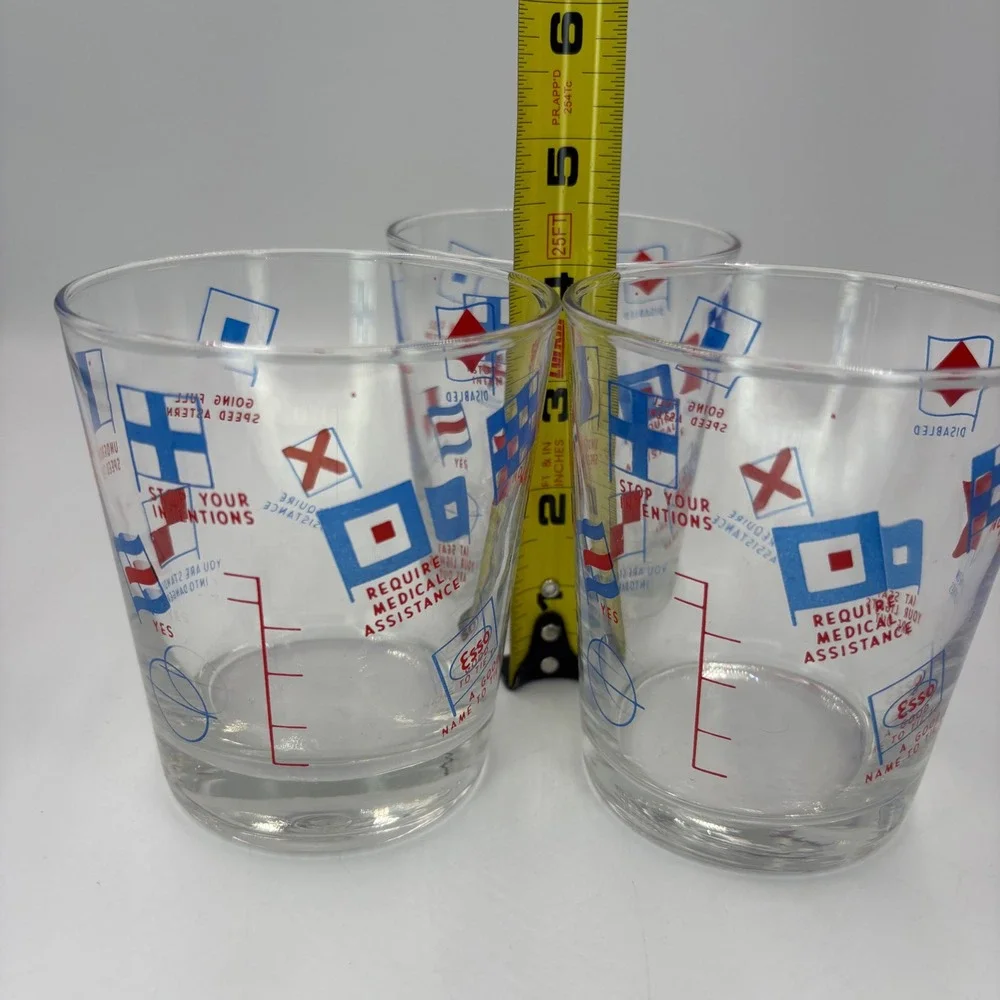 Esso Nautical Signal Flag Rocks Glasses Set of 3 Clear Red Blue Good Vintage